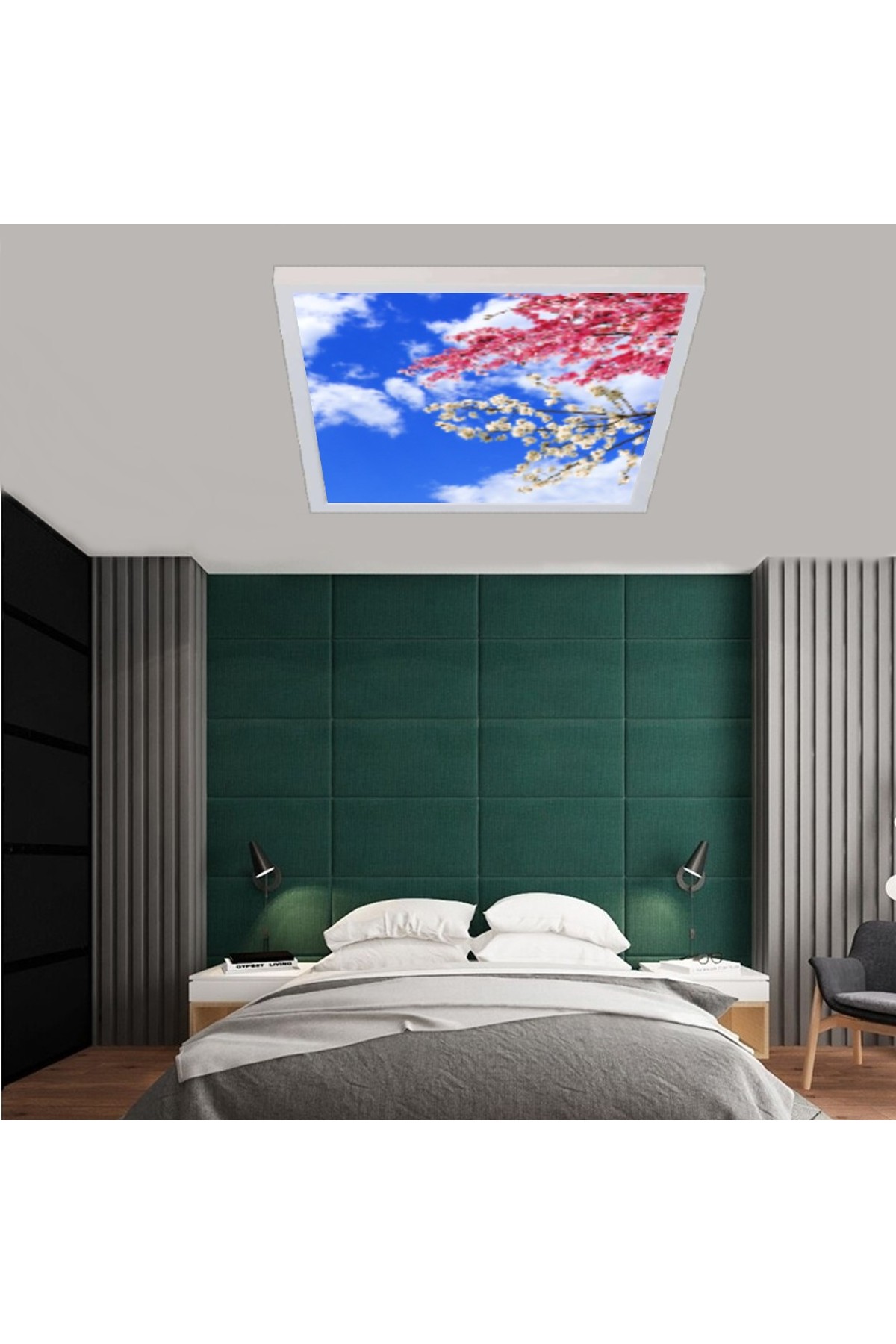 Pembe Ağaçlı Gökyüzü Desenli Yatak Odası Avize, 60x60-54w, ebeveyn odası aydınlatma, yatak odası avize modelleri,yatak odası Ferah avize - Görsel 3