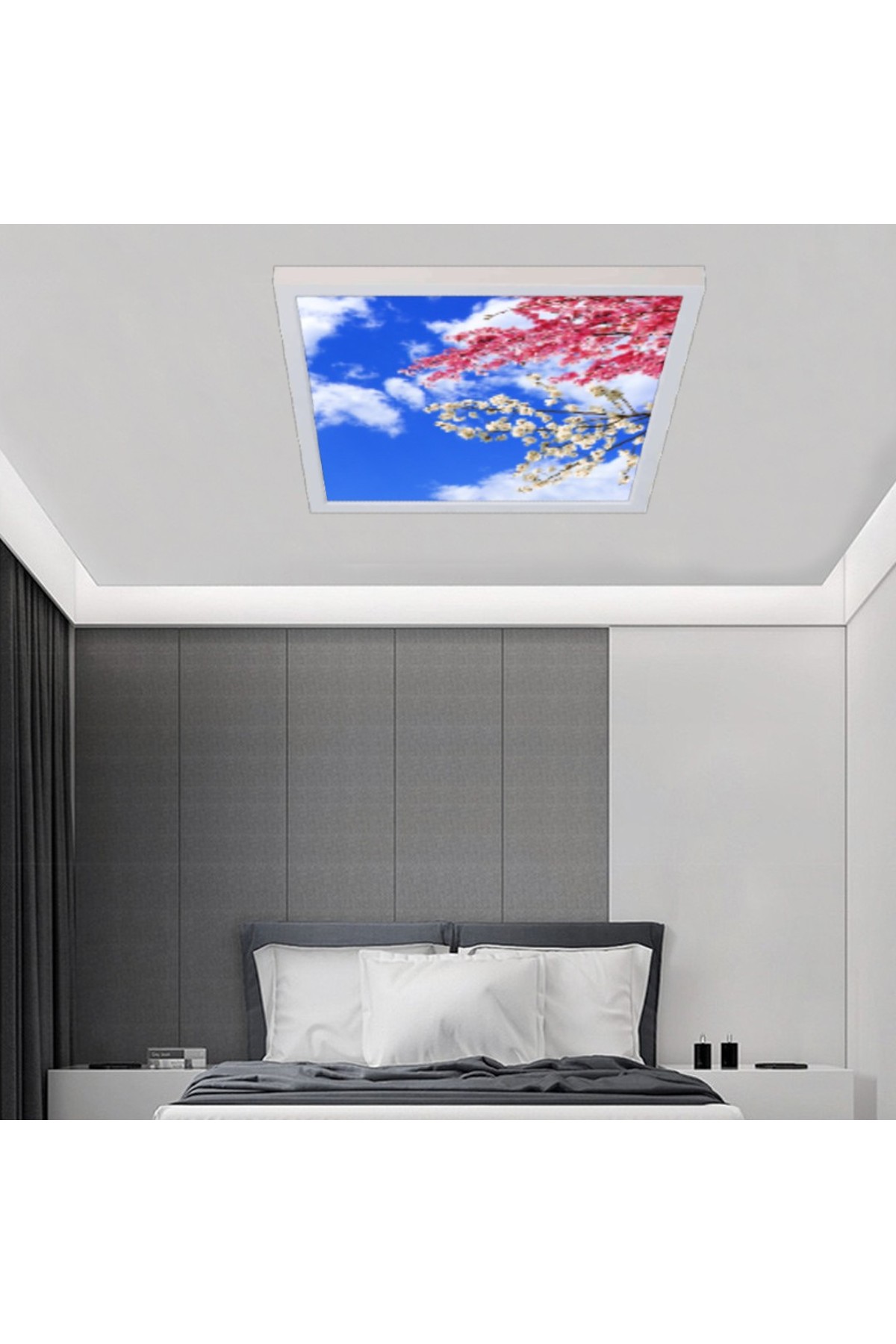 Pembe Ağaçlı Gökyüzü Desenli Yatak Odası Avize, 60x60-54w, ebeveyn odası aydınlatma, yatak odası avize modelleri,yatak odası Ferah avize