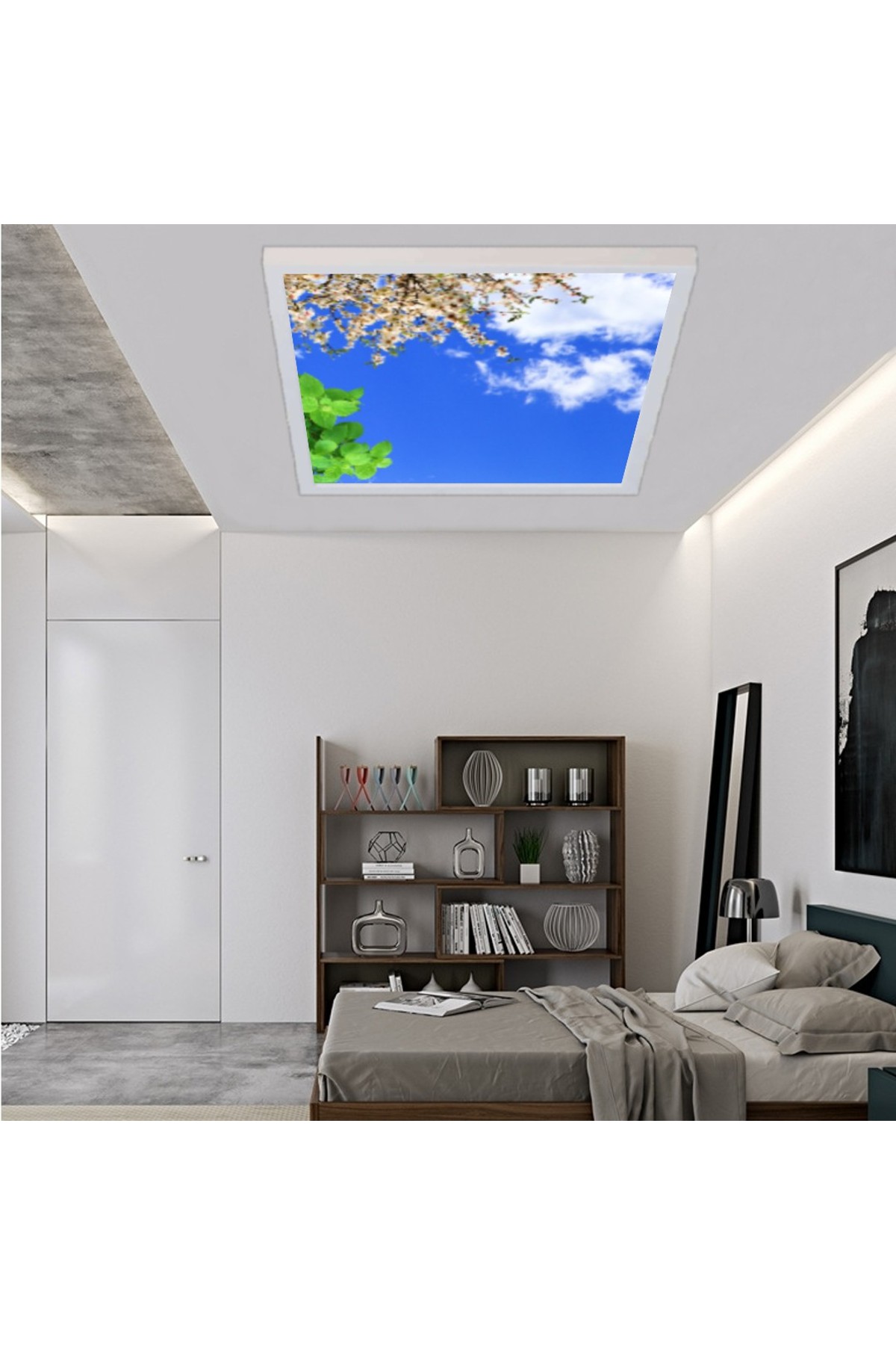 Erik Ağacı Çiçekli Gökyüzü Desenli Yatak Odası Avize, 60x60-54w, ebeveyn odası aydınlatma, yatak odası avize modelleri,yatak odası Ferah avize