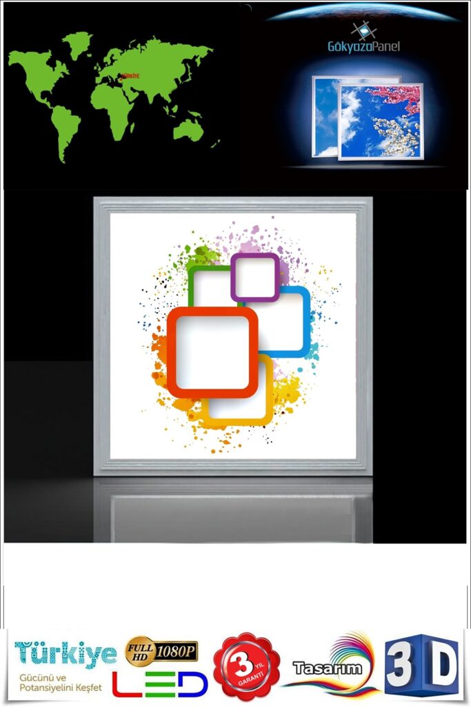 60x60 Çocuk odası avize modelleri, 54wat led, tavana model avize,çocuklar için sulu boya desenli kare avize