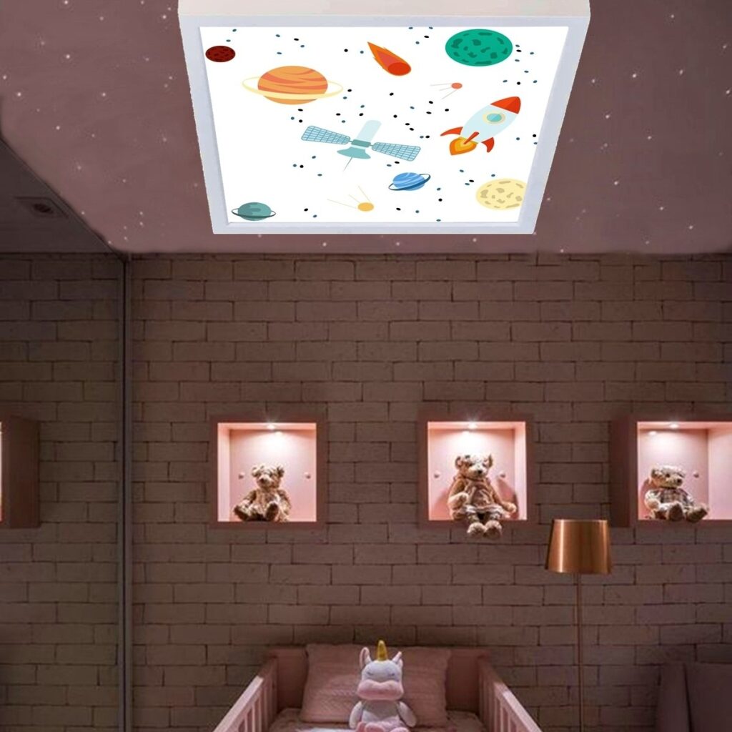 Gezegenler 60x60 Çocuk odası avize modelleri, 54wat led, tavana model avize,çocuklar için gezegenler desenli kare avize