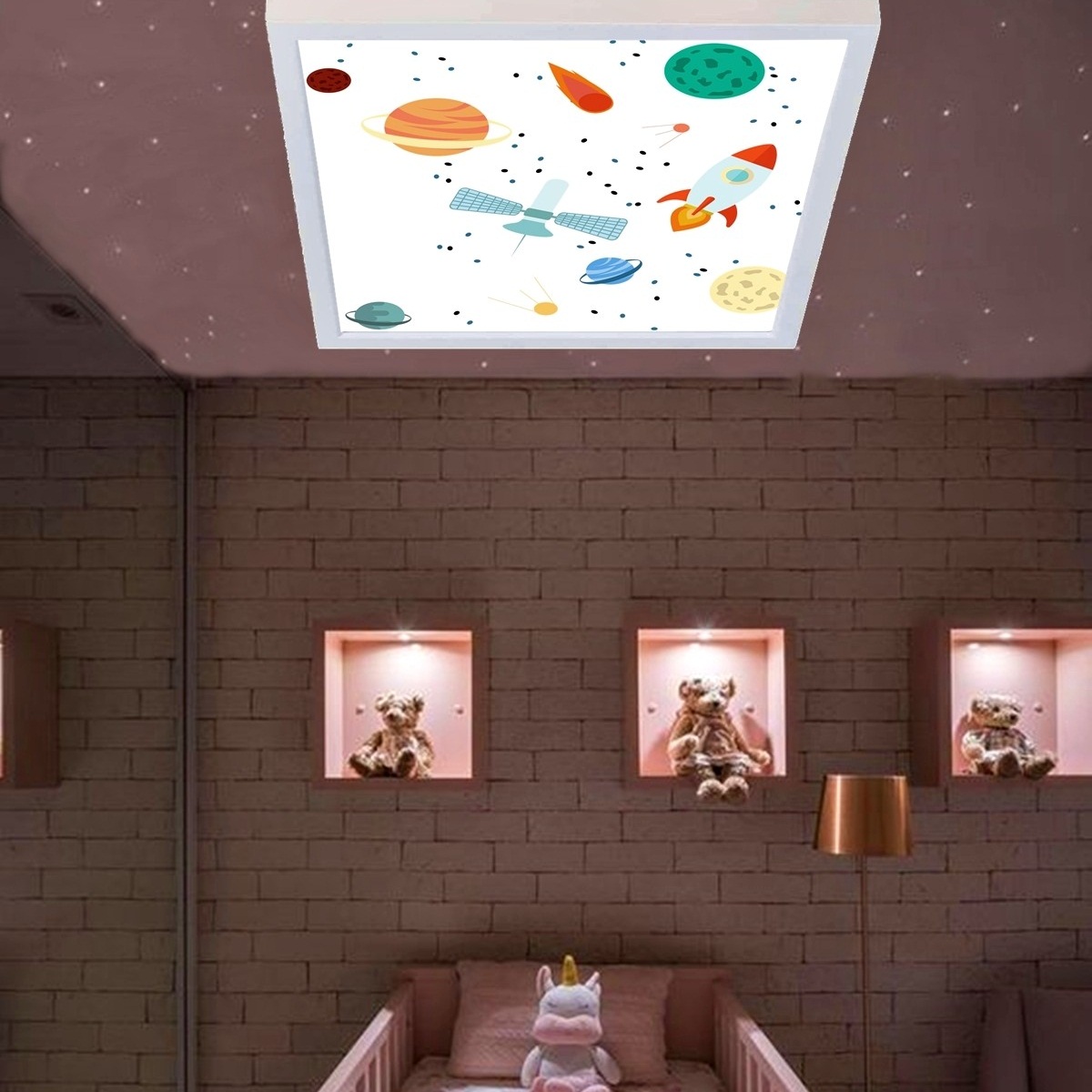 Gezegenler 60x60 Çocuk odası avize modelleri, 54wat led, tavana model avize,çocuklar için gezegenler desenli kare avize