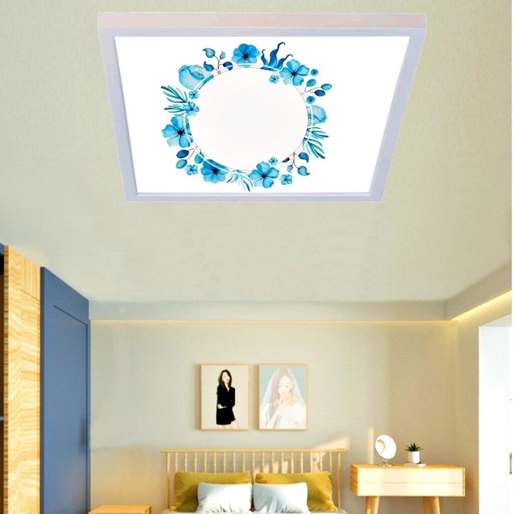 Mavi Çiçekli Çember Desenli Yatak Odası Avize, 60x60-54w, ebeveyn odası aydınlatma, yatak odası avize modelleri,yatak odası Ferah avize