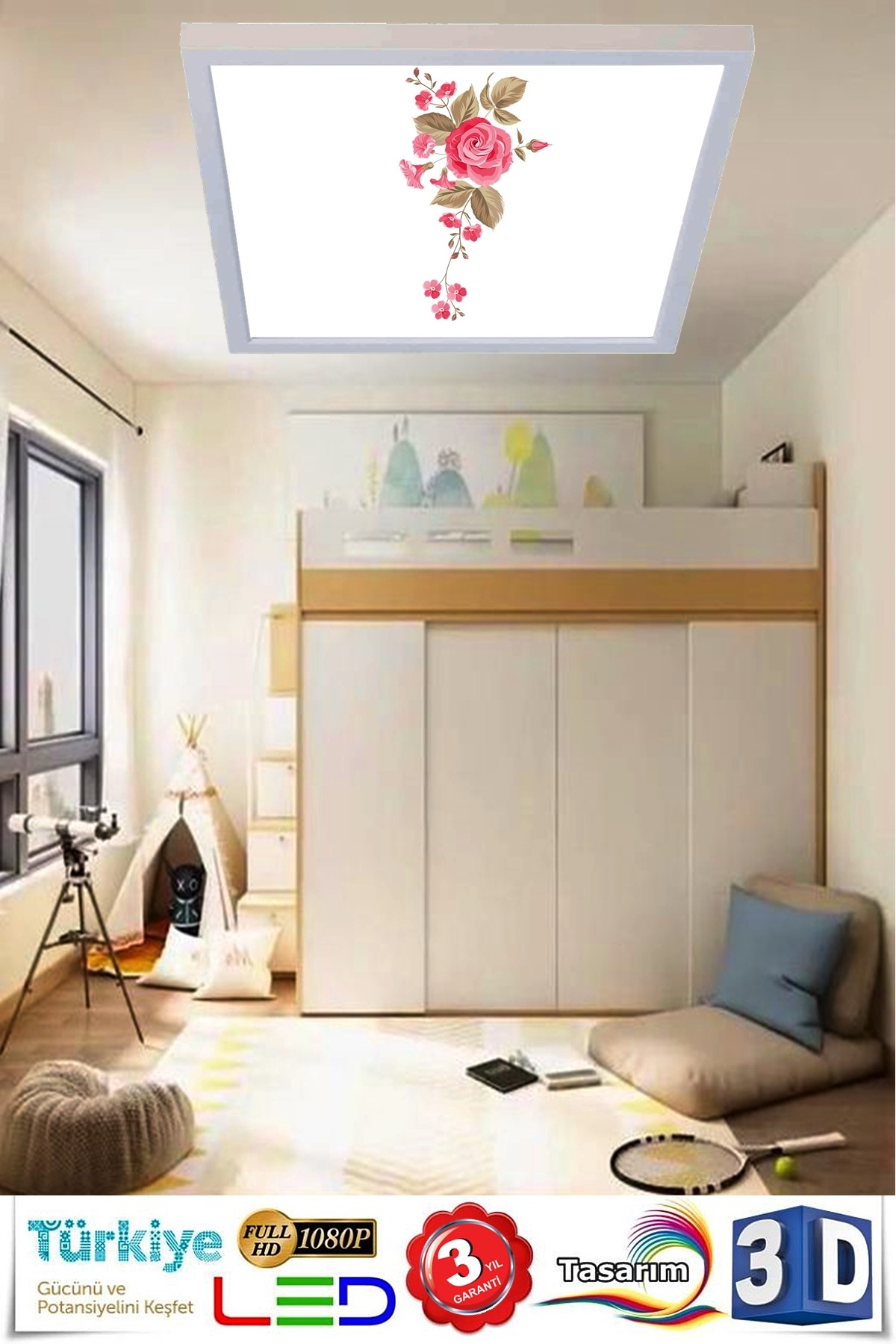 Kırmızı Saçak, 60cmx60cm, 54 watt,led,en şık genç odası avize modelleri, kırmızı saçak genç odası lamba - Görsel 2