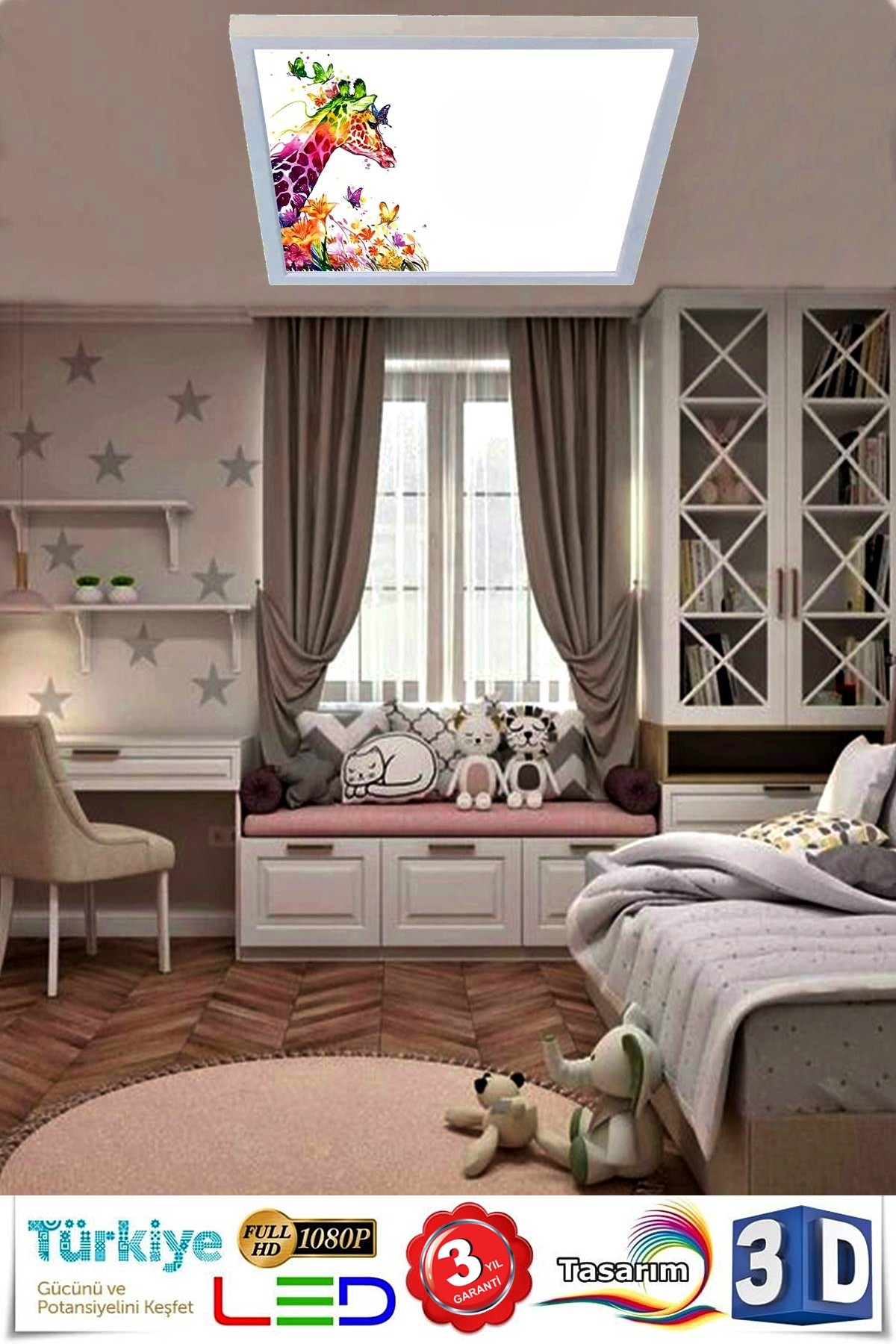 Çiçekli Zürafa 60x60 Çocuk odası avize modelleri, 54wat led, tavana model avize,çocuklar için çiçekli zürafa desenli kare avize - Görsel 2