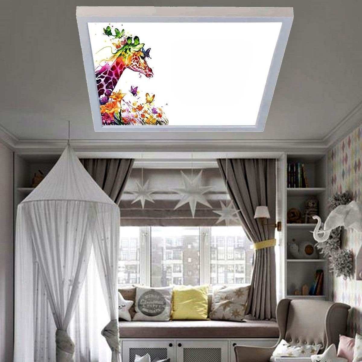 Çiçekli Zürafa 60x60 Çocuk odası avize modelleri, 54wat led, tavana model avize,çocuklar için çiçekli zürafa desenli kare avize