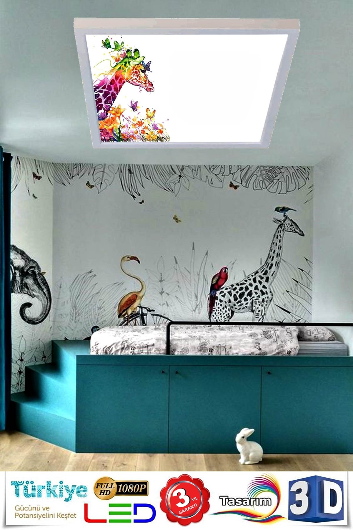 Çiçekli Zürafa 60x60 Çocuk odası avize modelleri, 54wat led, tavana model avize,çocuklar için çiçekli zürafa desenli kare avize - Görsel 3