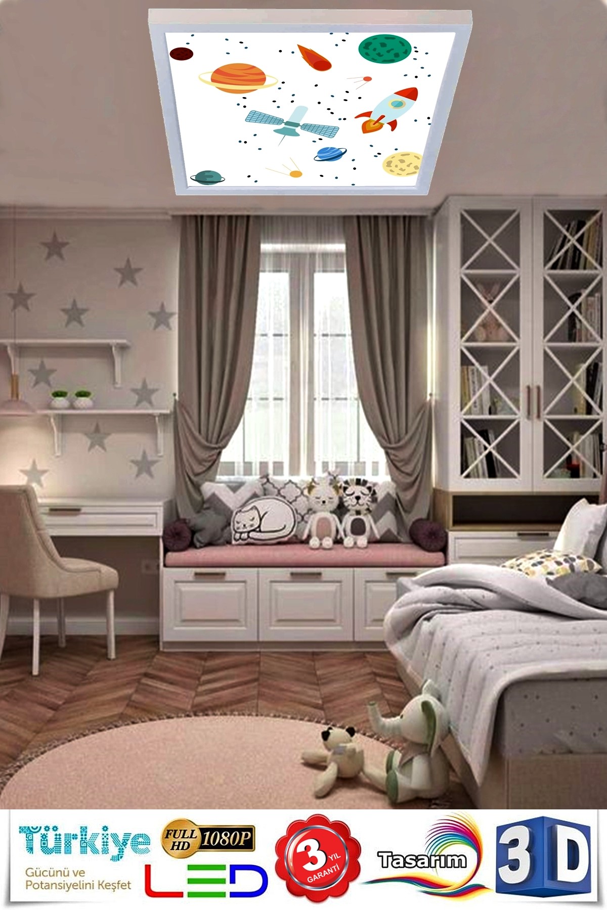 Gezegenler 60x60 Çocuk odası avize modelleri, 54wat led, tavana model avize,çocuklar için gezegenler desenli kare avize - Görsel 3