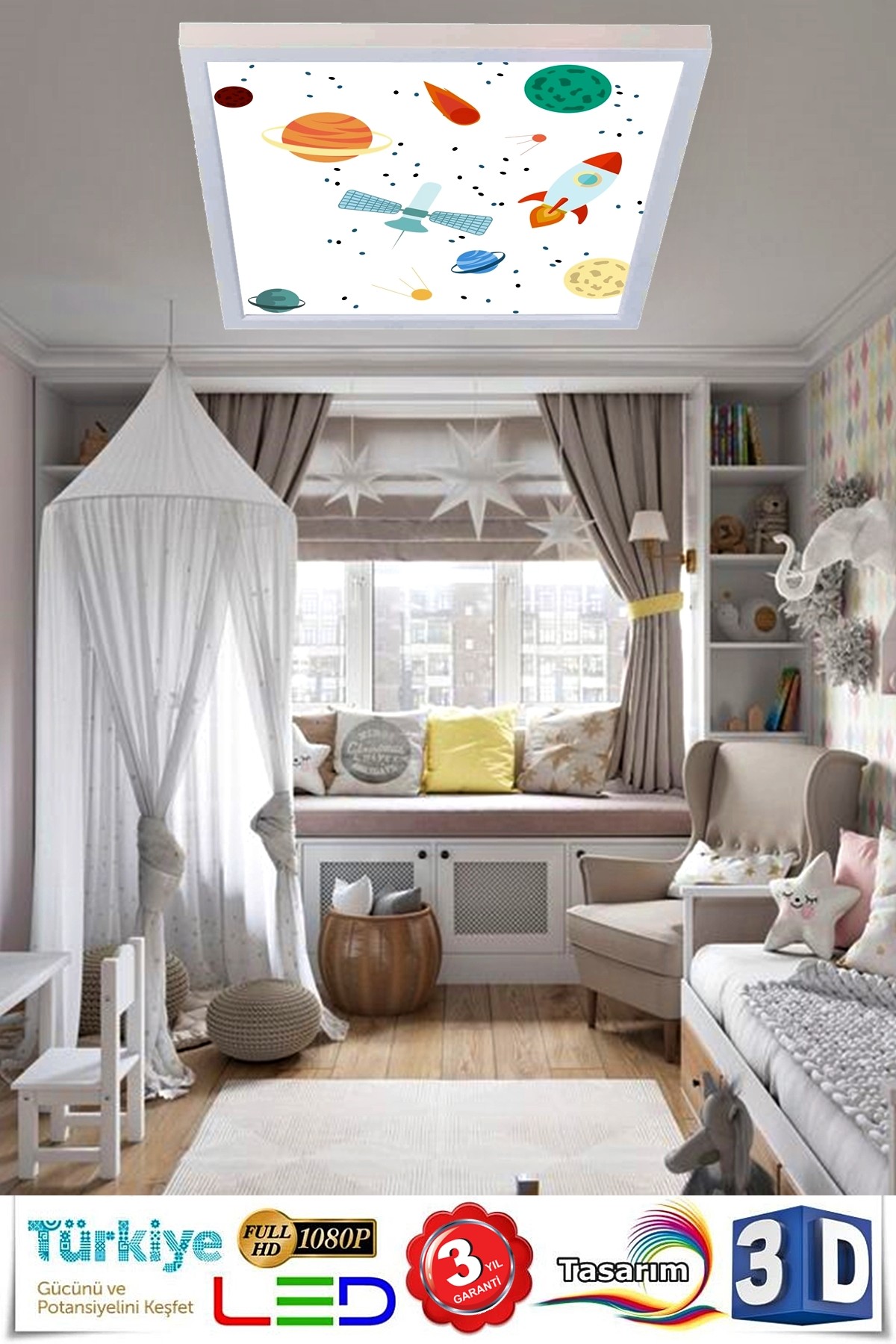 Gezegenler 60x60 Çocuk odası avize modelleri, 54wat led, tavana model avize,çocuklar için gezegenler desenli kare avize - Görsel 2