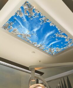 Beyaz Çiçekler 75x135 Gökyüzü Panel, Diş Ünit Üzeri Aydınlatma, Kumandalı, Işık bantlı, 106watt-Muayenehane Lambası, Beyaz Çiçekler Led Lamba, 4 Farklı Ahşap Çerçeve Rengi