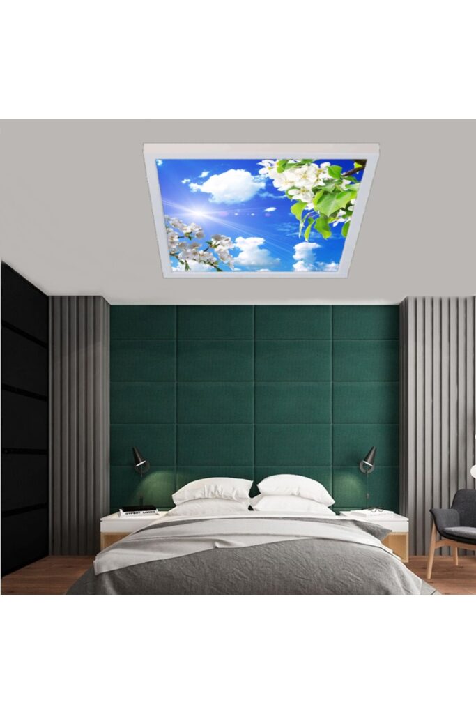Bulutlu Çiçekler Gökyüzü Desenli Yatak Odası Avize, 60x60-54w, ebeveyn odası aydınlatma, yatak odası avize modelleri,yatak odası Ferah avize