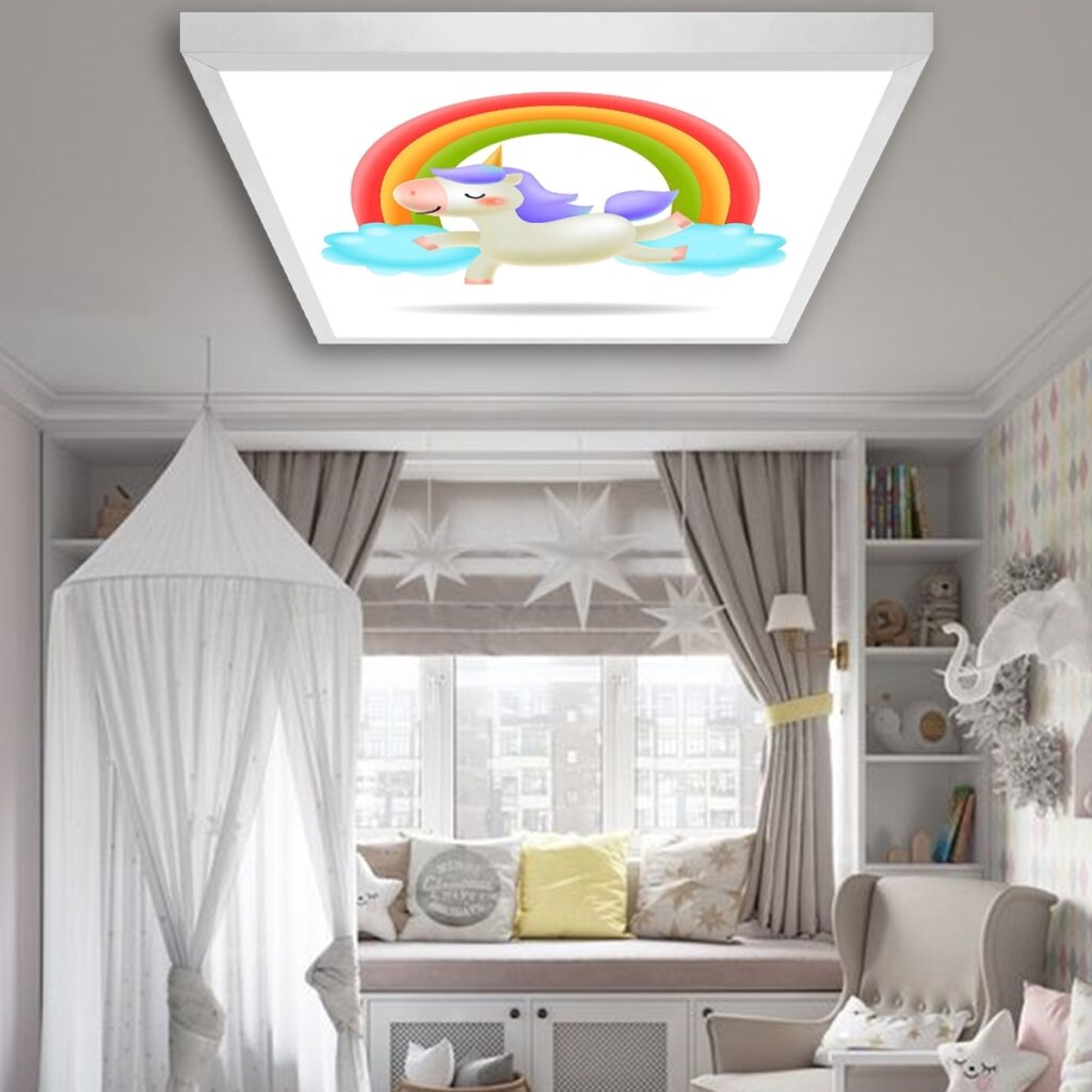 Gökkuşağı Unicorn Çocuk odası avize modelleri, 60x60 baskılı kare avize, 54wat led tavana model