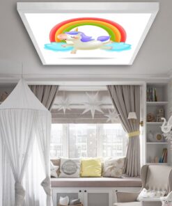 Gökkuşağı Unicorn Çocuk odası avize modelleri, 60x60 baskılı kare avize, 54wat led tavana model