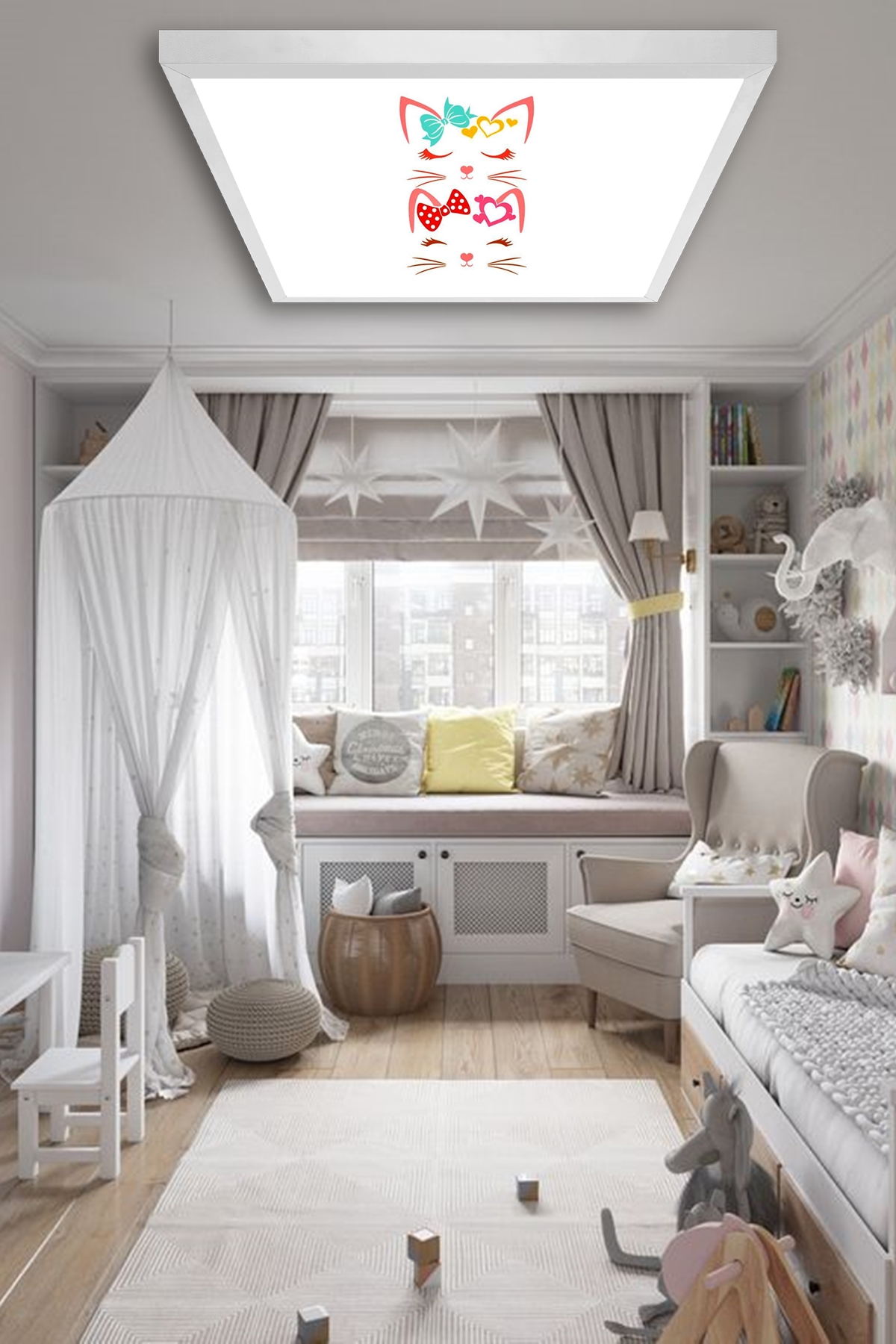 Uyuyan Kediler Çocuk odası avize modelleri, 60x60 baskılı kare avize, 54wat led tavana model - Görsel 2