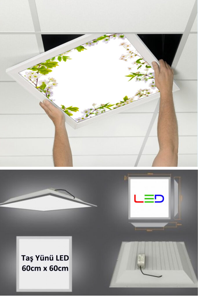 Asma Tavan Led Paneli, 60cm x 60cm, sıva altı led ışık, Uv baskı avize, Kare ama tavan aydınlatma, ofis tavan ledi, Gökyüzü Panel 50W desenli aydınlatma