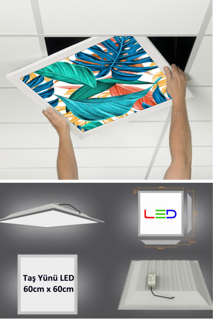 Asma Tavan Led Paneli, 60cm x 60cm, sıva altı led ışık, Uv baskı avize, Kare ama tavan aydınlatma, ofis tavan ledi, Gökyüzü Panel 50W desenli aydınlatma