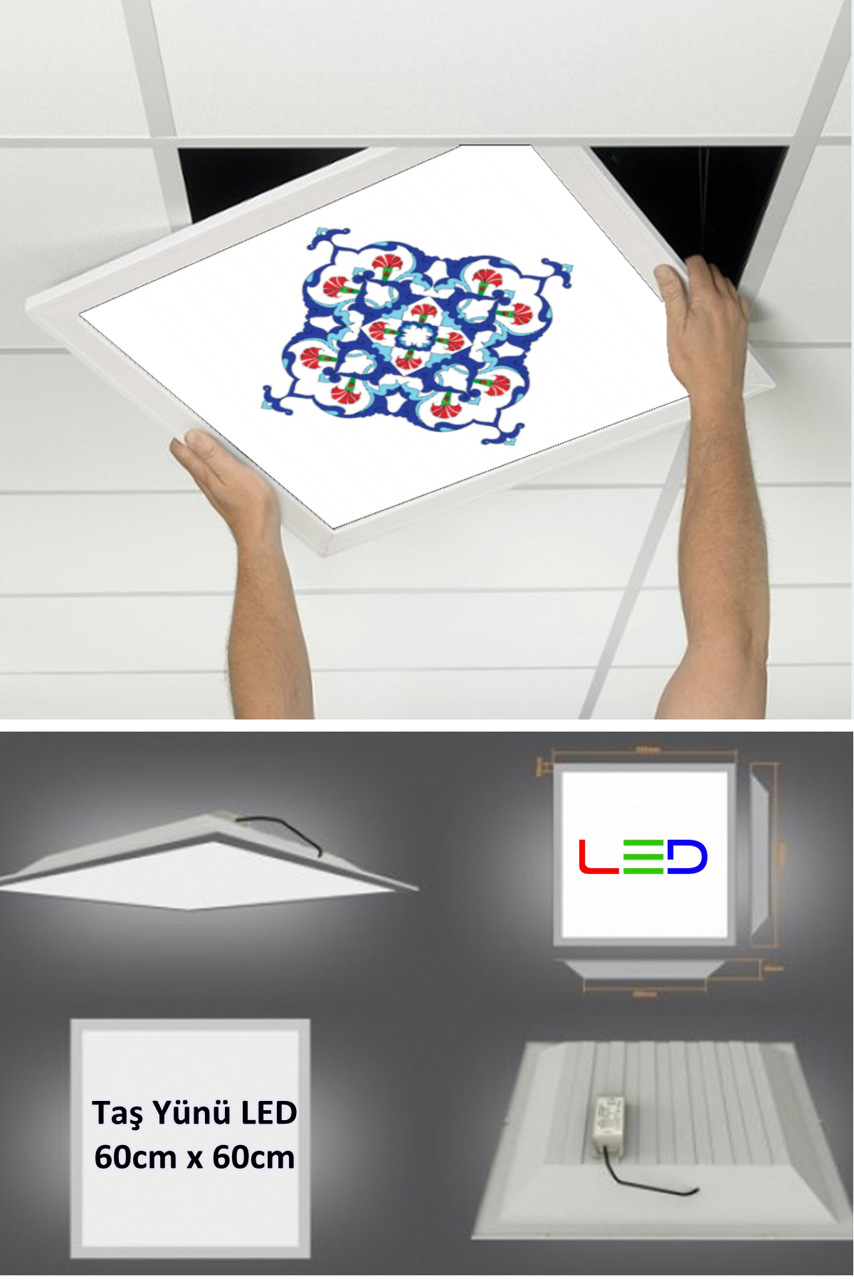 Asma Tavan Led Paneli, 60cm x 60cm, sıva altı led ışık, Uv baskı avize, Kare ama tavan aydınlatma, ofis tavan ledi, Gökyüzü Panel 50W desenli aydınlatma