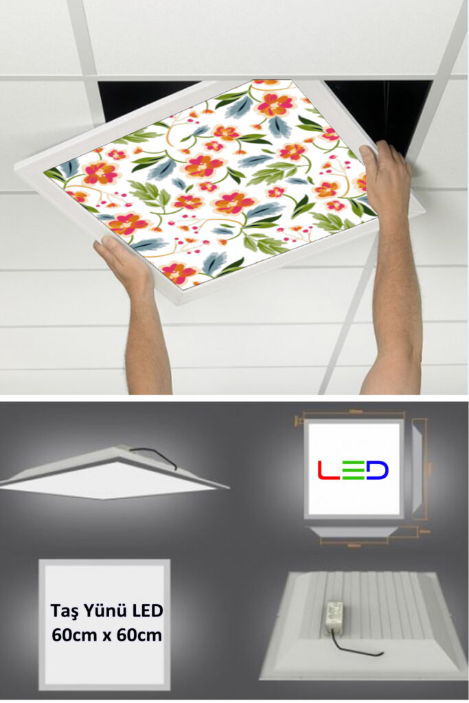 Asma Tavan Led Paneli, 60cm x 60cm, sıva altı led ışık, Uv baskı avize, Kare ama tavan aydınlatma, ofis tavan ledi, Gökyüzü Panel 50W desenli aydınlatma