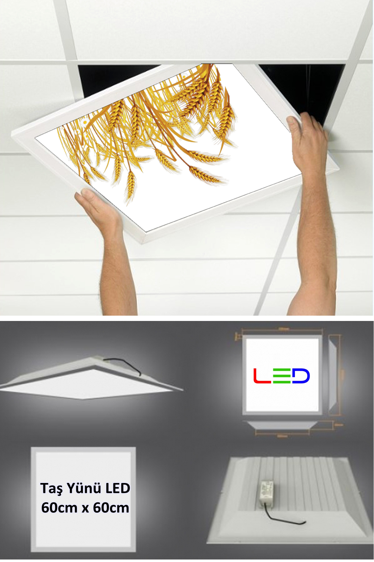 Led Asma Tavan Led Paneli, 60cm x 60cm, sıva altı led ışık, Uv baskı avize, Kare ama tavan aydınlatma, ofis tavan ledi, Gökyüzü Panel 50W desenli aydınlatma