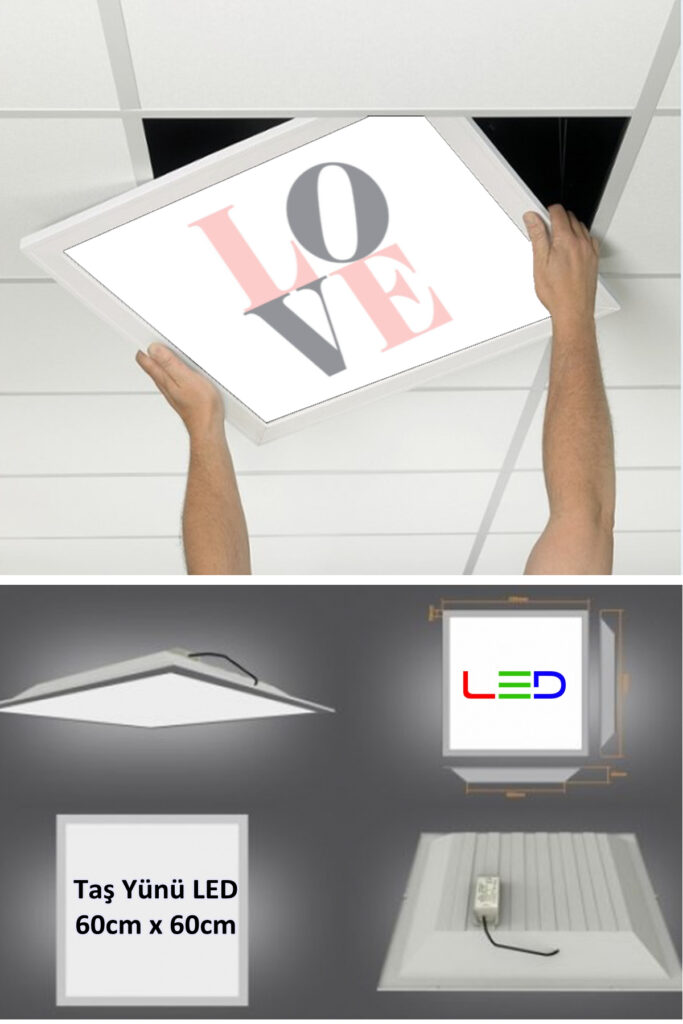 LOVE Asma Tavan Led Paneli, 60cm x 60cm, sıva altı led ışık, Uv baskı avize, Kare ama tavan aydınlatma, ofis tavan ledi, Gökyüzü Panel 50W desenli aydınlatma