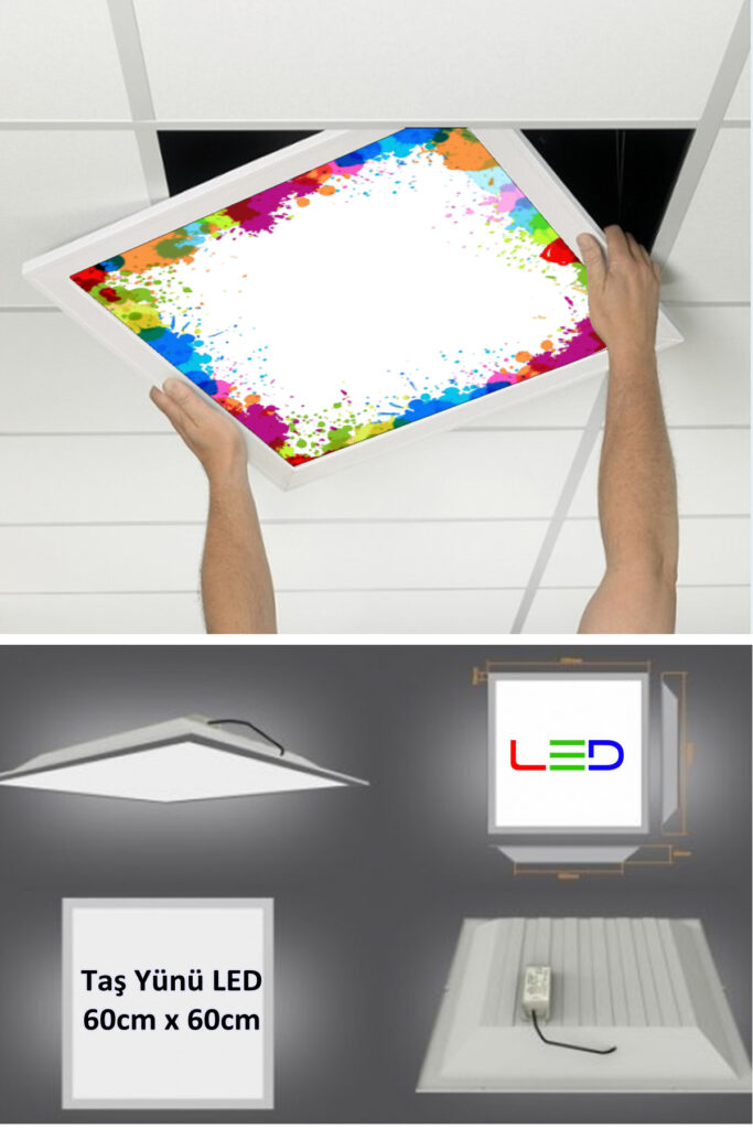 Asma Tavan Led Paneli, 60cm x 60cm, sıva altı led ışık, Uv baskı avize, Kare ama tavan aydınlatma, ofis tavan ledi, Gökyüzü Panel 50W desenli aydınlatma