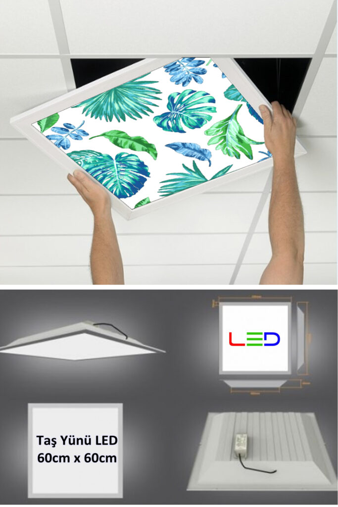 Asma Tavan Led Paneli, 60cm x 60cm, sıva altı led ışık, Uv baskı avize, Kare ama tavan aydınlatma, ofis tavan ledi, Gökyüzü Panel 50W desenli aydınlatma