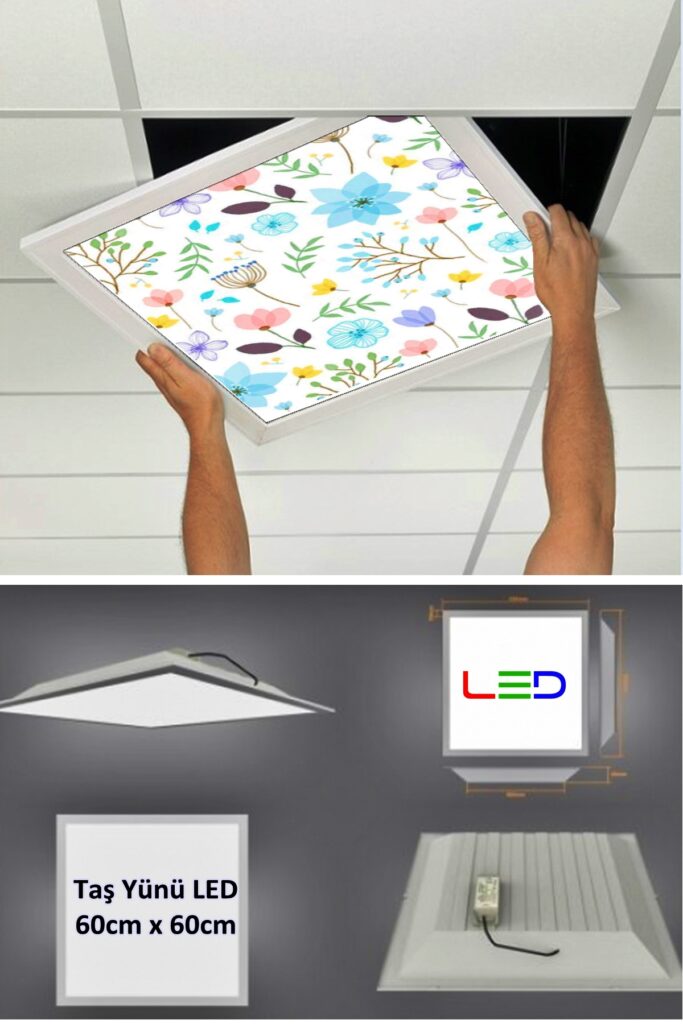 Asma Tavan Led Paneli, 60cm x 60cm, sıva altı led ışık, Uv baskı avize, Kare ama tavan aydınlatma, ofis tavan ledi, Gökyüzü Panel 50W desenli aydınlatma