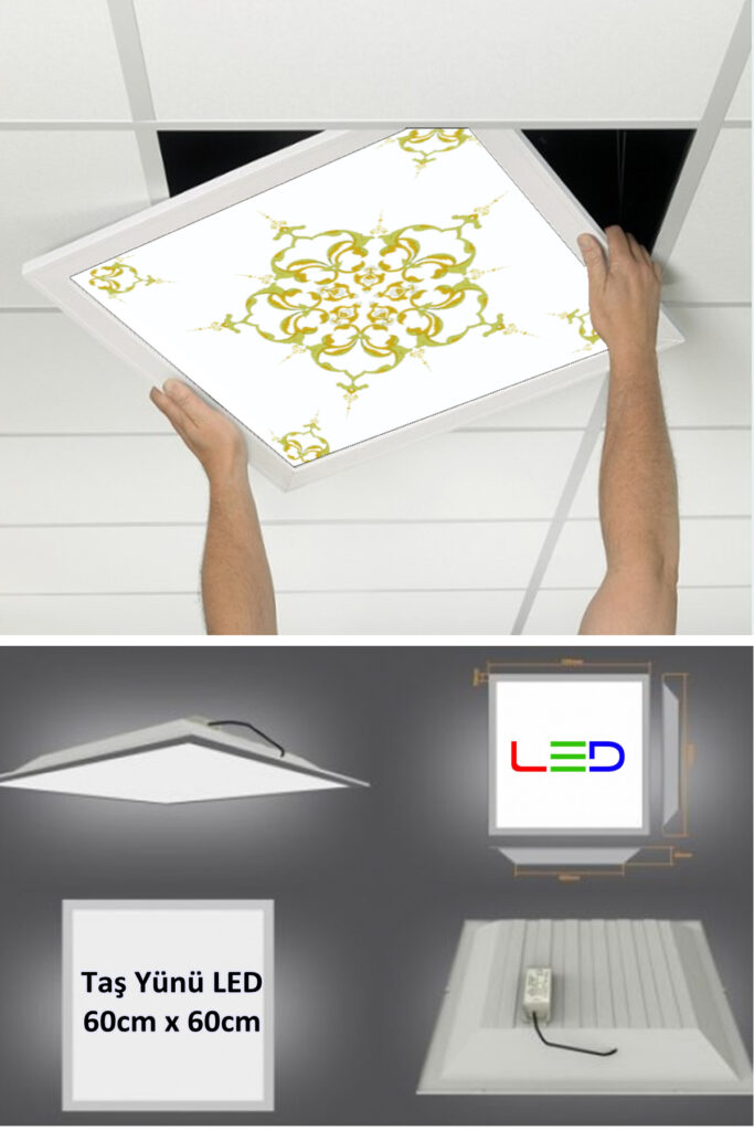 Desenli Asma Tavan Led Paneli, 60cm x 60cm, sıva altı led ışık, Uv baskı avize, Kare ama tavan aydınlatma, ofis tavan ledi, Gökyüzü Panel 50W desenli aydınlatma