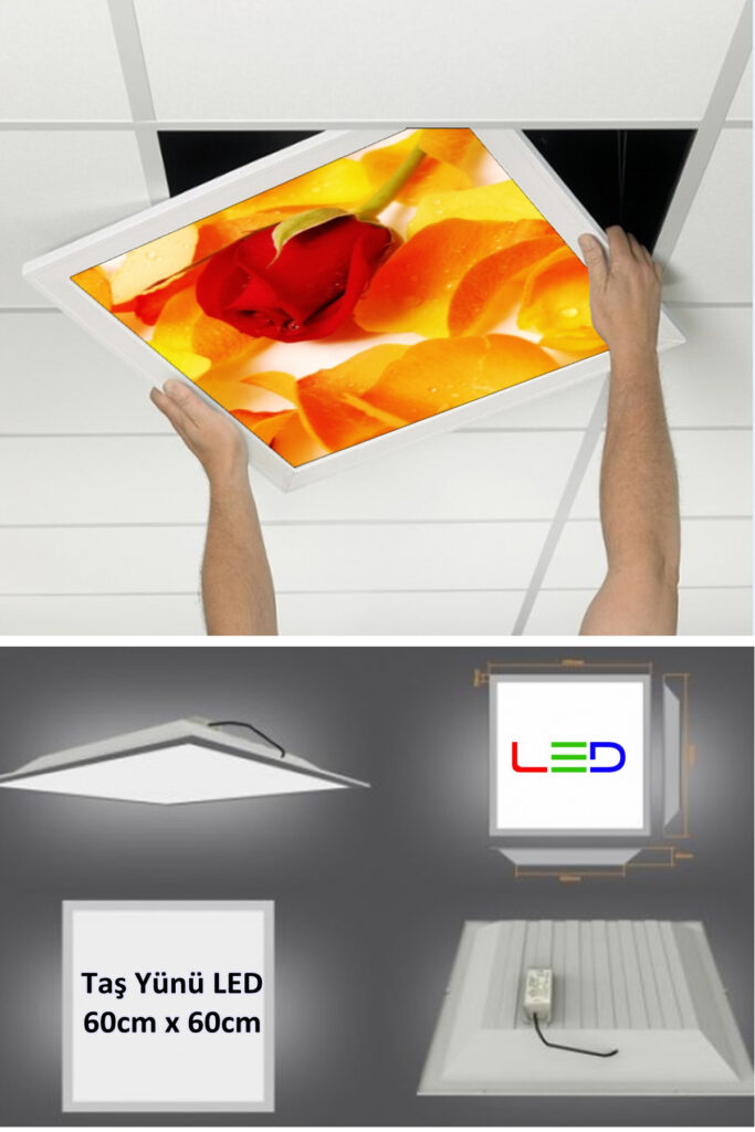 Gül, Asma Tavan Led Paneli, 60cm x 60cm, sıva altı led ışık, Uv baskı avize, Kare ama tavan aydınlatma, ofis tavan ledi, Gökyüzü Panel 50W desenli aydınlatma