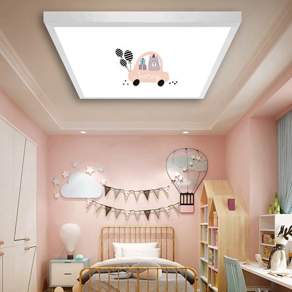 Pembe Araba Çocuk odası avize modelleri, 60x60 baskılı kare avize, 54wat led tavana model