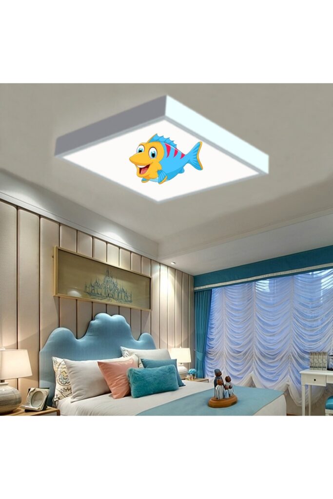 Sevimli Balık 60x60 Çocuk odası avize modelleri, baskılı çocuklar için kare avize, 54wat led tavana model avize