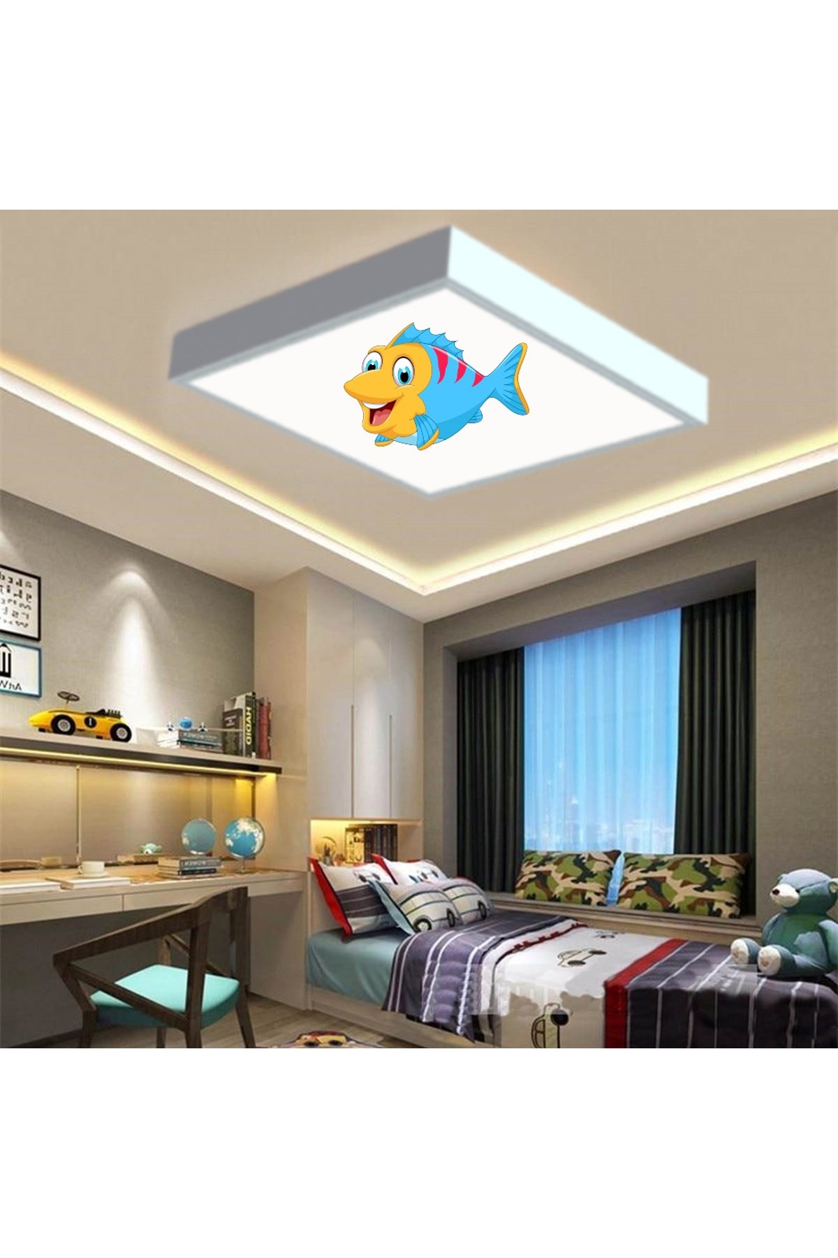 Sevimli Balık 60x60 Çocuk odası avize modelleri, baskılı çocuklar için kare avize, 54wat led tavana model avize - Görsel 2