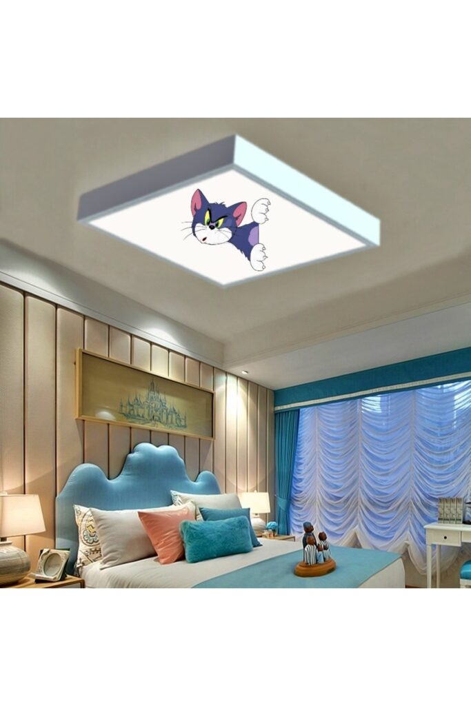 Tom 60x60 Çocuk odası avize modelleri, baskılı çocuklar için kare avize, 54wat led tavana model avize