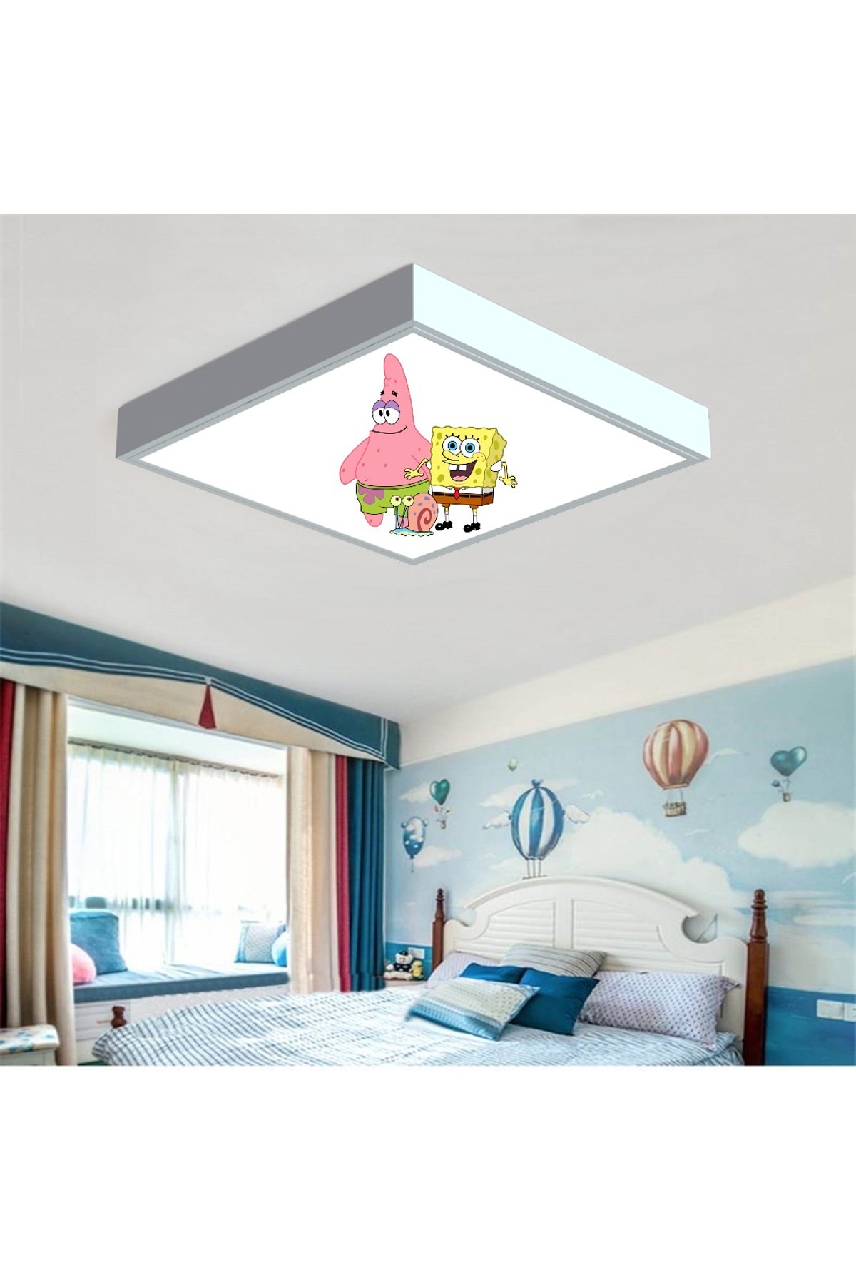 Sünger Bob 60x60 Çocuk odası avize modelleri, baskılı çocuklar için kare avize, 54wat led tavana model avize - Görsel 4
