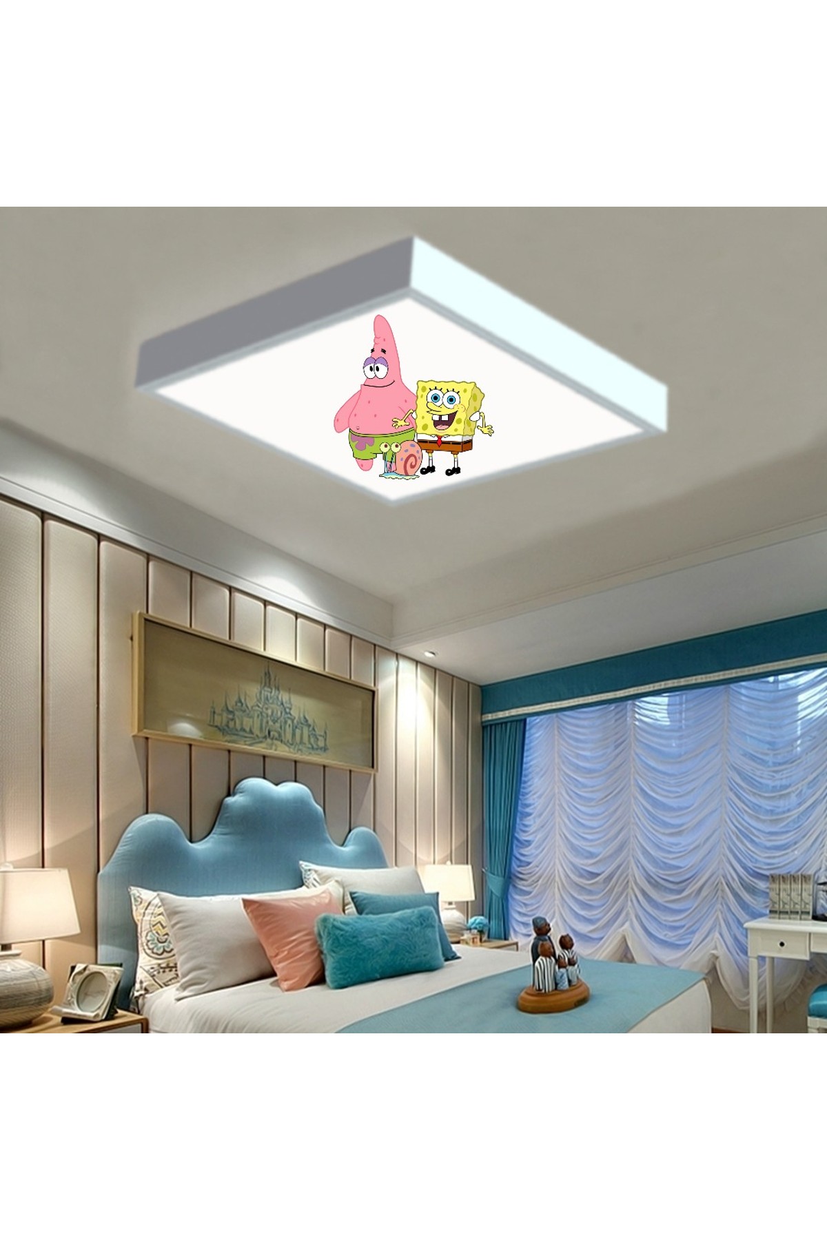 Sünger Bob 60x60 Çocuk odası avize modelleri, baskılı çocuklar için kare avize, 54wat led tavana model avize