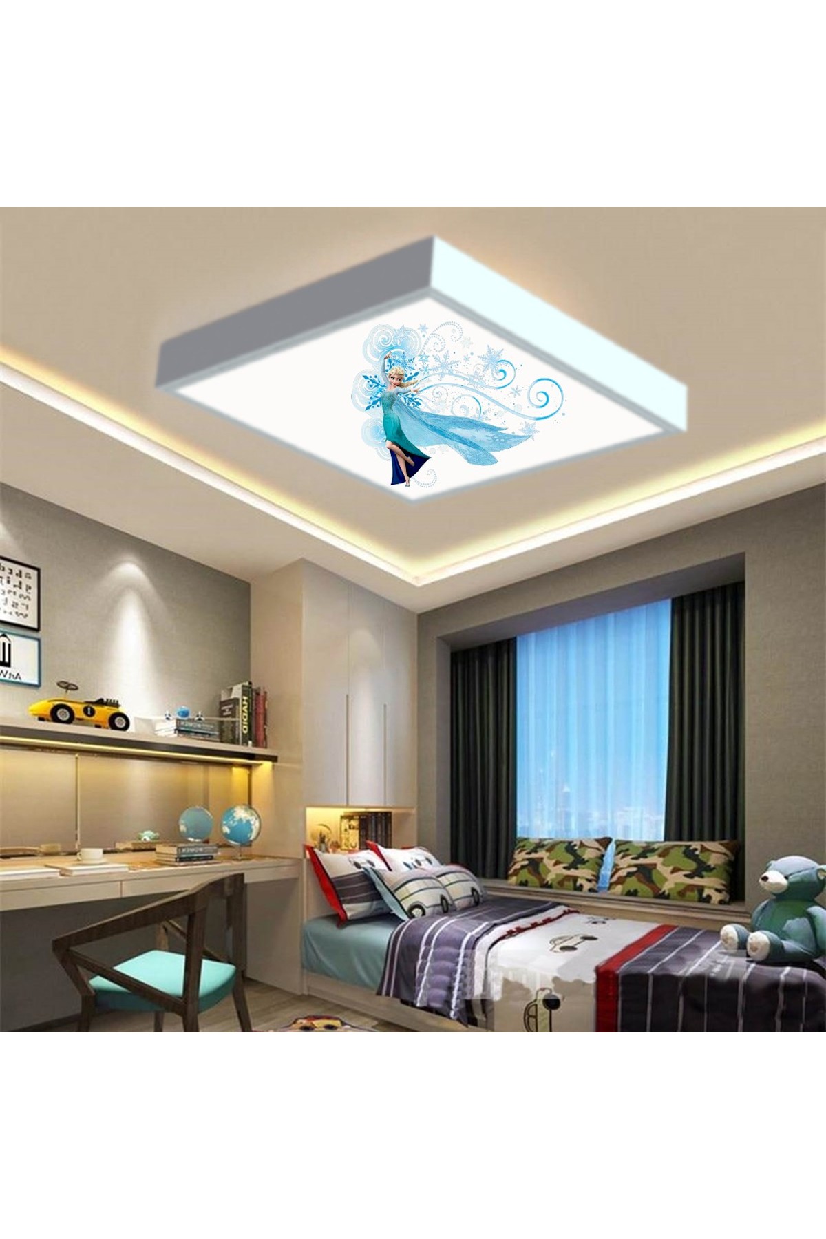Elsa Frozen 60x60 Çocuk odası avize modelleri, baskılı çocuklar için kare avize, 54wat led tavana model