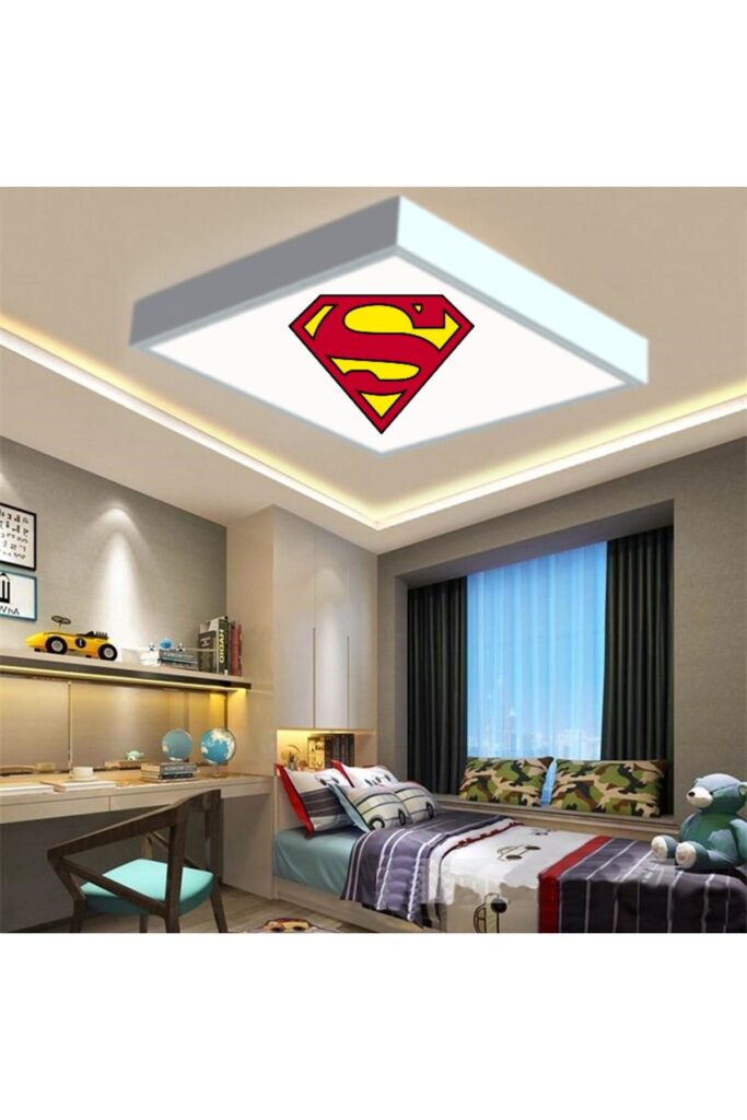 Süpermen Logo Çocuk 60x60 Çocuk odası avize modelleri, 54wat led, tavana model avize, süpermen çocuklar için kare avize