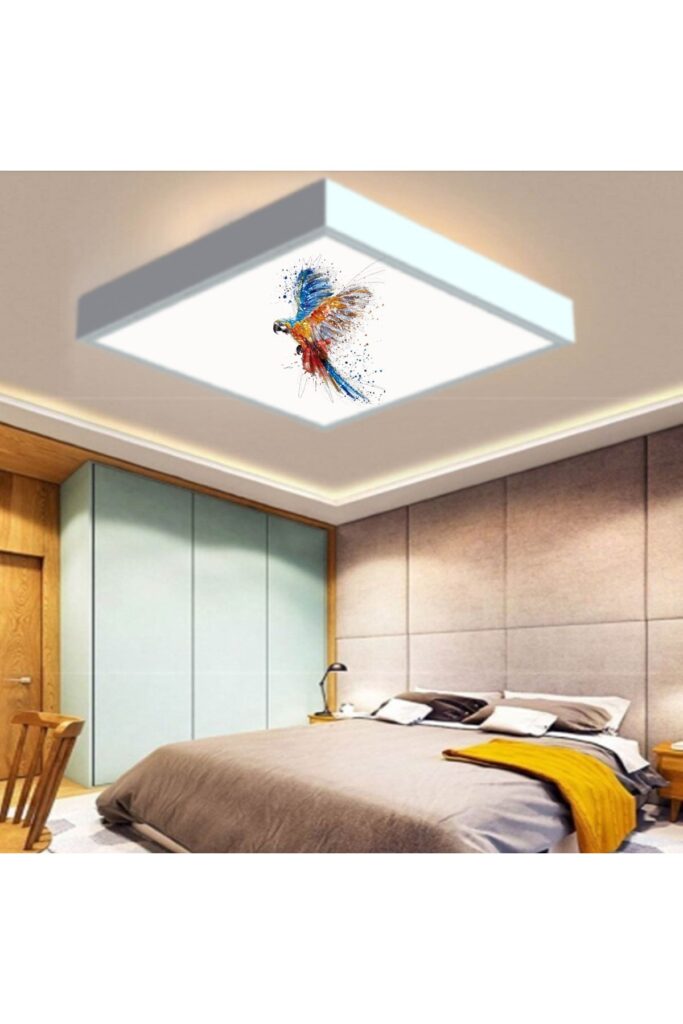 Renkli Papağan 60x60 Yatak Odası avize modelleri, 54wat led, tavana model avize, Yatak Odası kare avize