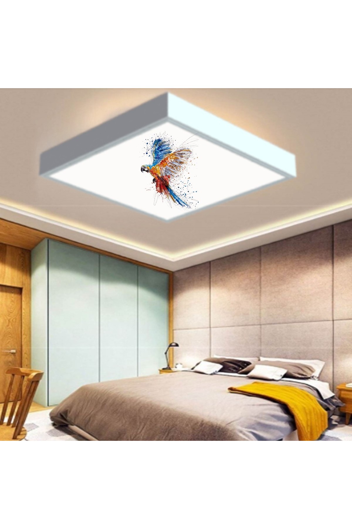 Renkli Papağan 60x60 Yatak Odası avize modelleri, 54wat led, tavana model avize, Yatak Odası kare avize