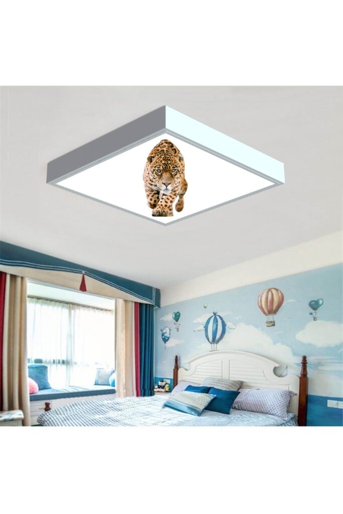 Leopar Desenli 60x60 Çocuk odası avize modelleri, 54wat led, tavana model avize, baskılı çocuklar için kare avize