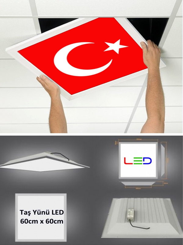 Bayrak Asma Tavan Led Paneli, 60cm x 60cm, sıva altı led ışık, Uv baskı avize, Kare ama tavan aydınlatma, ofis tavan ledi, Gökyüzü Panel 50W desenli aydınlatma