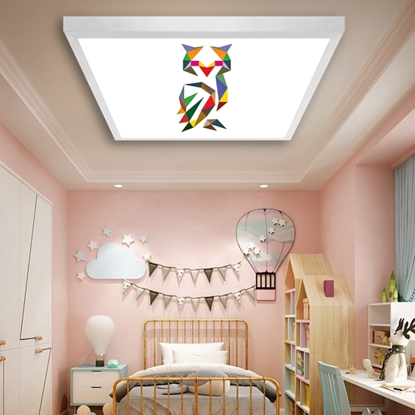 Geometrik Baykuş Çocuk odası avize modelleri, 60x60 baskılı kare avize, 54wat led tavana model