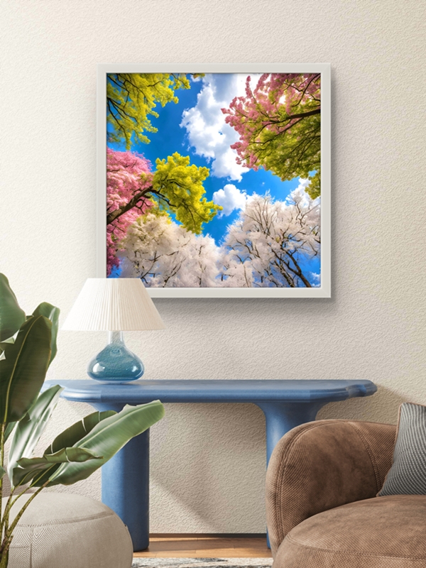 Renkli Ağaçlar Gökyüzü Led Tablo – 60x60 cm | Sıva Üstü Montajlı, Tak-Çalıştır Sistem, Arapuarlı