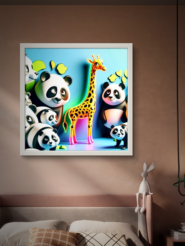 Sevimli Pandalar ve Zürefa Led Tablo – 60x60 cm | Sıva Üstü Montajlı, Tak-Çalıştır Sistem, Arapuarlı - Görsel 4