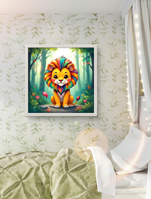 Küçük Aslan Yavrusu Led Tablo – 60x60 cm | Sıva Üstü Montajlı, Tak-Çalıştır Sistem, Düğmeli