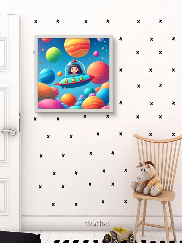 Uzay Gemisi Çocuk Odası Led Tablo – 60x60 cm | Sıva Üstü Montajlı, Tak-Çalıştır Sistem, Arapuarlı