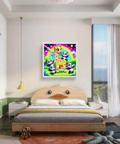 Sevimli Pandalar ve Şapşik Zürefa Led Tablo – 60x60 cm | Sıva Üstü Montajlı, Tak-Çalıştır Sistem