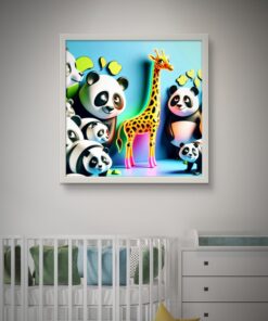 Sevimli Pandalar ve Zürefa Led Tablo – 60x60 cm | Sıva Üstü Montajlı, Tak-Çalıştır Sistem, Arapuarlı