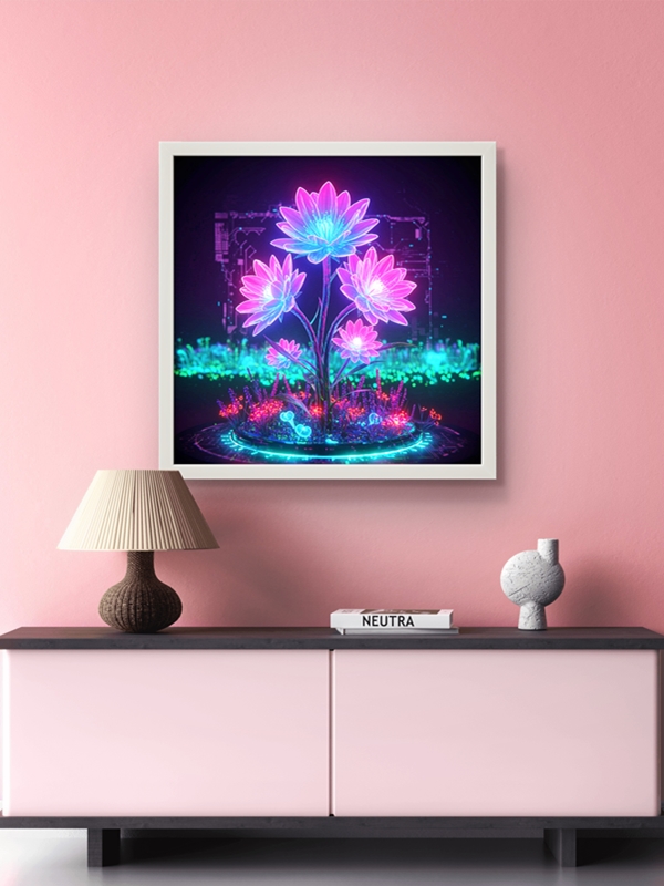 Neon baskılı Çiçek Led Tablo – 60x60 cm | Sıva Üstü Montajlı, Tak-Çalıştır Sistem, Arapuarlı