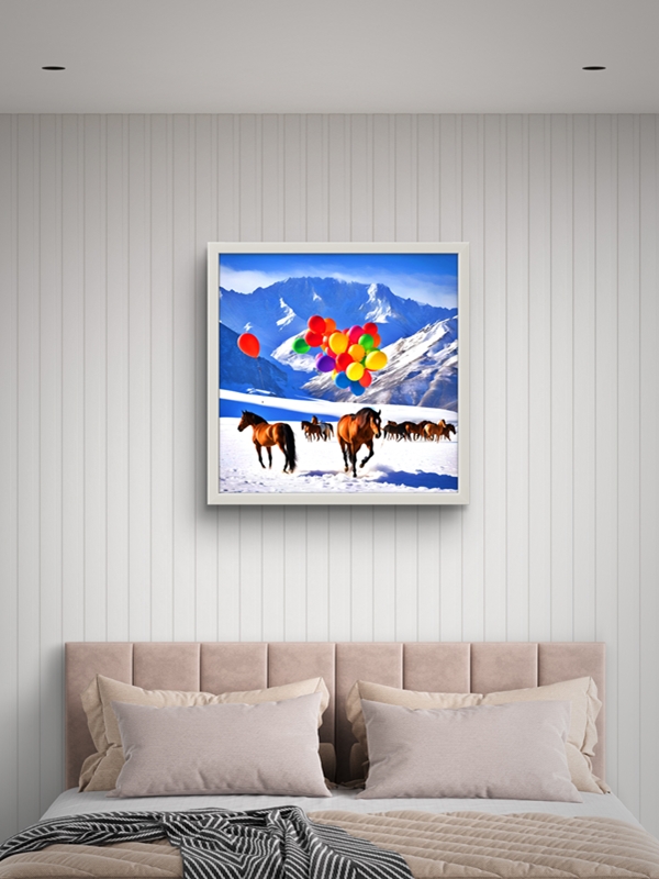 Doğadaki Atlar ve Balonlar Led Tablo – 60x60 cm | Sıva Üstü Montajlı, Tak-Çalıştır Sistem